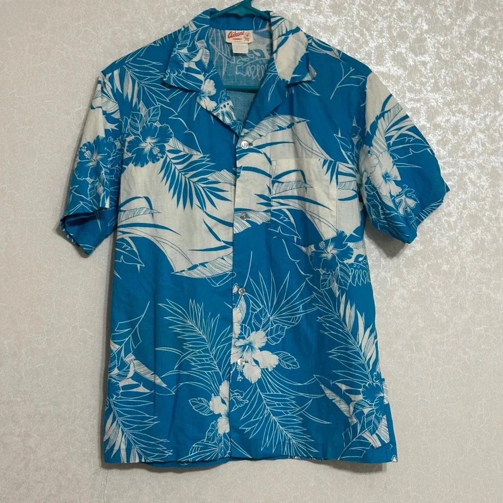 Aikane Hawaii Vintage Blue White Tropical Floral Short Sleeve Button Up Shirt‎ L
